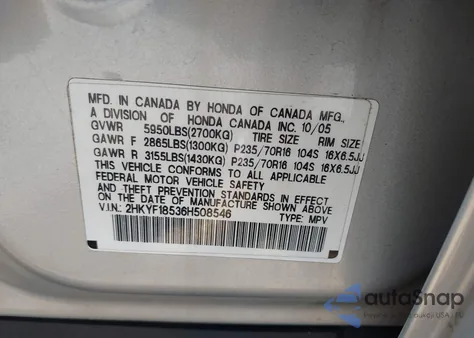 2006 Honda Pilot Ex-L из США, поврежденный, VIN 2HKYF18536H508546